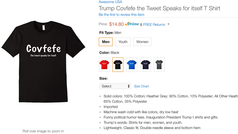 Illustration for article titled Be the Saddest Guy in the Office With Amazon's Embarrassing 'Covfefe' Swag